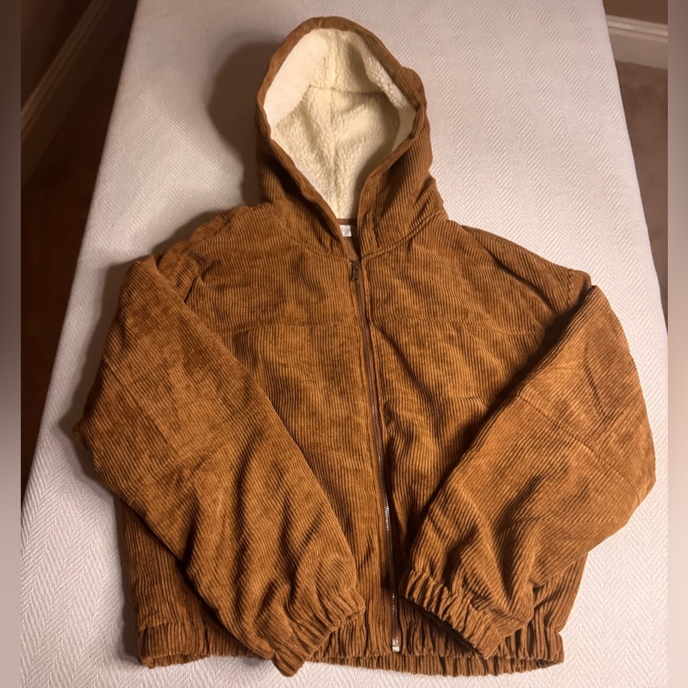 VESTIQUE WOMENS CORDUROY CAMEL CROP HOODED ZIP JACKET BNWOT SIZE - S